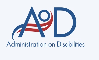 This picture is the logo of Administration on Disabilities, it is composed by the capital letters A and D in color blue with a tiny letter o floating in between them. The arch of the A it's like a double wave in color red and it forms a curve next to the o. Under the logo you can read Administration on Disabilities.